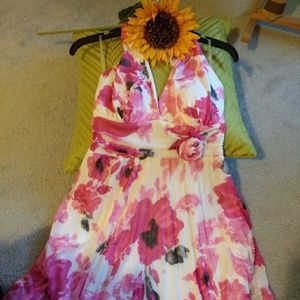 Cheery Pink, Black and White Flowered Halter Dress